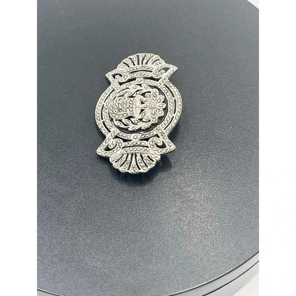 Vintage Antique Art Deco Sterling Silver Marcasite Floral Framed Brooch Unsigned